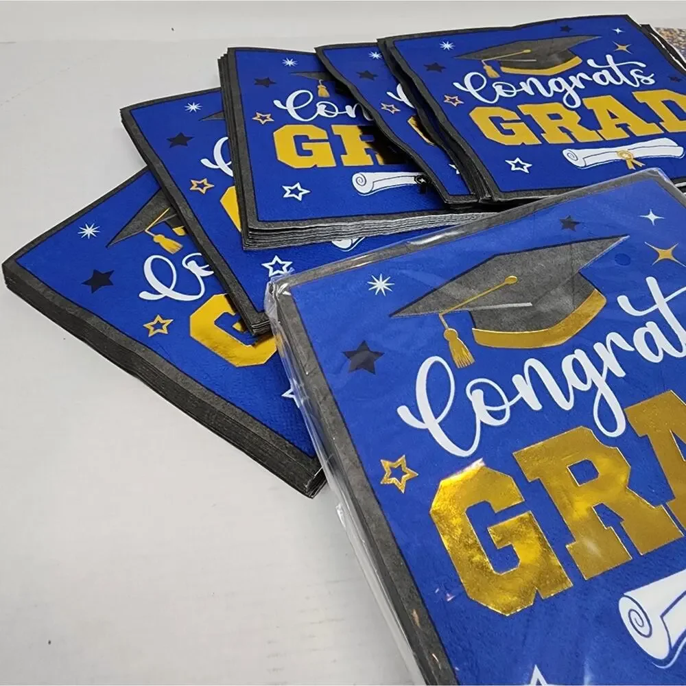 New Graduation Napkins & Large Platic Tablecloth 100 Napkins Blue Gold‎ White